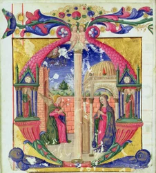 Historyczny inicjał „M” przedstawiający Zwiastowanie, c.1475 (welum)