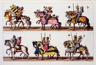Święte Cesarstwo Rzymskie: Uczestnicy turnieju na Zamku Luksemburskim w czasach Maksymiliana I, z Costumi dei Romani, Svizzeri.. c.1800-18