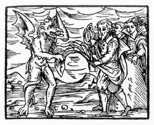 Hołd dla diabła, kopia ilustracji z Compendium Maleticarum ks. M. Guaccius, Mediolan 1608, wykorzystana w Historii magii, wydana pod koniec XIX wieku