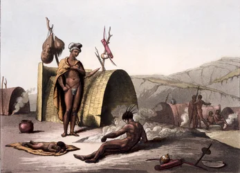 Chaty i sposób życia obozowego Buszmenów, z Costumi dei... Giulio Ferrario, ok. 1820-30