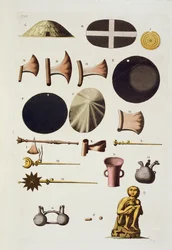 Narzędzia i artefakty Inków, Peru, z Le Costume Ancien et Moderne, tom II, płyta 22, autorstwa Julesa Ferrario, opublikowane ok. 1820-30
