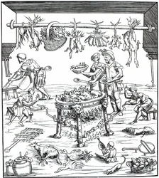 Wnętrze kuchni włoskiej, według drzeworytu w Banchetti compositioni di Vivende autorstwa Christoforo di Messisburgo, wydane 1549