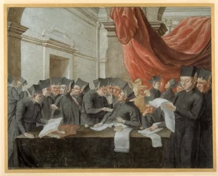 Jezuici na konklawe, spierają się o rachunki (pióro i atrament z akwarelą na papierze)
