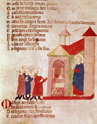Jesus chez Marie Madeleine Miniature z „Del novo e del vedre testamento” autorstwa Pietro da Barsegape (XIII w.) XIV w. Mediolan, Biblioteca Braidense
