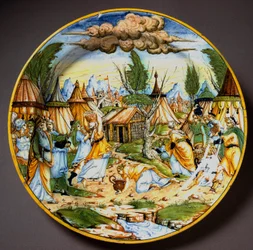 Żydzi na pustyni (lub zbieranie manny). Bóg karmi Izraelitów, którzy inaczej umarliby z głodu, jajami przepiórczymi i manną (Manna). Ceramiczny talerz z warsztatu Fontana w Urbino, Włochy. Około 1560. Muzeum Narodowe Bargello, Florencja
