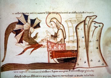 Journey of Saint Brandan - Spotkanie świętego Brendana (Brandana), mnicha nawigatora z VI wieku z latającym potworem morskim. rękopis Wenecja, 2. poł. XIV w. Paryż, BNF, Rękopisy, wł. 1708, sygn. 16