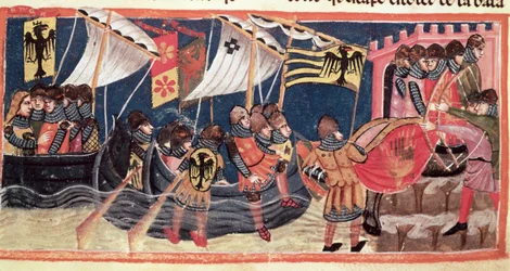 Juliusz Cezar (100-44 pne) lądujący w Anglii, z Le Vite di Dodici Cesari autorstwa Gajusza Swetoniusza Tranquillus (ok. 75-150)