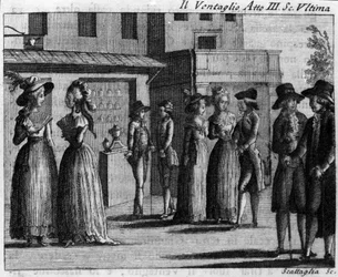 Ostatnia scena III aktu komiksu „Il ventaglio” (Wydarzenie) (1764) Carlo Goldoniego (1707-1793). Grawerowanie XVIII wieku