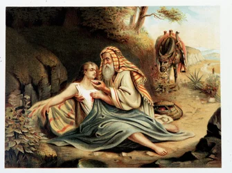 Le Bon Samaritan - w „”Złotej klasycznej Biblii: historia objawienia Bożego w starożytności i w nowych dążeniach”” Giovanniego Ladislao Sykory (t. 2), przekład Don Clemente Benetti. (Biblia włoska)