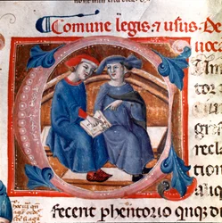 Letterline decoree dwóch znaków. Miniatura zaczerpnięta z kodeksu „Breve delle Leggi comunali””, indeks praw Republiki Pizy (1208-1307). 13 wiek. Piza, archiwum narodowe