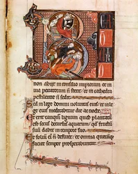 Lettryna B decoree przedstawiająca króla Dawida grającego na pslaterionie i układającego Goliata Page z rękopisu „”Psalterium Cum Calendario”” Padwa z XIII wieku, biblioteka seminarium