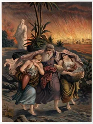 Loth wraz z dwiema córkami ucieka przed zniszczeniem Sodomy, a jego żona zostaje przemieniona w posąg z soli – w „Golden classic Bible: historia objawienia Bożego w starożytności i w nowej tezie”” Giovanniego Ladislao Sykora (t. 1) , przetłumacz