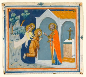 MS McClean folio 201.4 r Św. Maria Magdalena, na pustkowiu wokół Aix, niesiona przez anioły do św. Maksymina, który udziela jej ostatniej komunii, ok. 1330