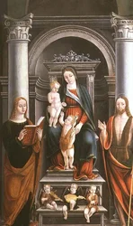 Madonna z Dzieciątkiem otrzymująca różę od Dzieciątka Św. Jana Chrzciciela, ze świętymi i aniołami M.B. (monogram)