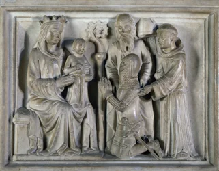 Madonna z Dzieciątkiem, z wojownikiem i świętymi, płaskorzeźba stworzona przez Mistrzów z Campione. Włochy
