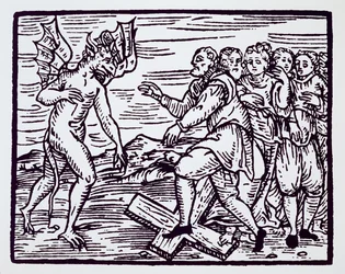 Męski czarownik wyrzekający się Chrystusa, kopia ilustracji z Compendium Maleticarum ojca M. Guacciusa, Mediolan 1608, wykorzystana w Historii magii, opublikowanej pod koniec XIX wieku