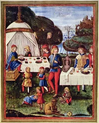 Maximilian Sforza jako dziecko jedzący posiłek w ogrodzie, ilustracja z egzemplarza „Ars grammatica” (velum)