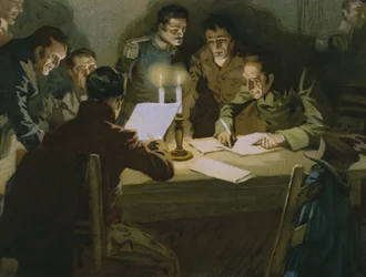 Spotkanie pierwszych partyzantów stawiających opór okupantom, narodziny karbonariuszy, ilustracja z albumu poświęconego historii Risorgimento wykonanego dla czekoladowego Talmone, koniec XIX w. (chromolitho