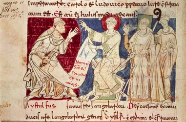 Miniatura z Chronicon Vulturnense, iluminowany kodeks skomponowany przez mnicha Iohannesa, ok. 1130, Włochy