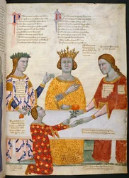 Miniatura Sądu Paryskiego, z Pallas Ateną, Junoną i Wenus siedzą przy stole, a Paryż daje Wenus gałązkę oliwną, ilustracja z „Przemówienie wierszem do Roberta Anjou, króla Neapolu, z miasta Prato w Toskanii („Samochód Regia”