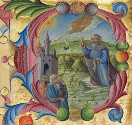 Mojżesz głoszący Izraelitom, Siena, 2. poł. XV w. (atrament na welinie)