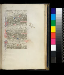 Ms 373. Pseudo-Cicero, Rhetorica ad Herennium i inne prace, f.50r. Inicjały ozdobione piórem i zdobienie piórem na marginesie przedstawiające klęczącego bosego mnicha, ok. 1337 r.