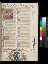 Ms 390. Seneka Młodszy, Opera i Seneka Starszy, Excerpta controversiarum, f.1r. Strona Incipit z historycznym inicjałem [L] zawierającym Hieronima, św. Pawła i Senekę, Wenecja Euganejska