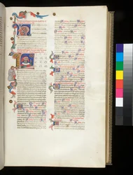 Ms 390. Seneka Młodszy, Opera i Seneka Starszy, Excerpta controversiarum, f.95r. Inicjał zamieszkały [L], z portretem Seneki wskazującym na Koło fortuny i przygnębioną męską postacią na obramowaniu