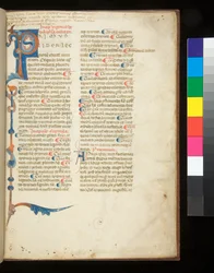 Ms 398. Vegetius, Epitoma rei militaris, f.1r. Zdobiony inicjał [P] rozciągający się do częściowego obramowania klepek i akantu, Padwa?, koniec XIII wieku (pergamin)