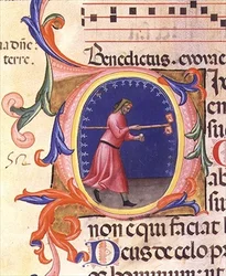 Ms 559 f.113v Historyczny inicjał „O” przedstawiający św. Józefa trzymającego laskę z dwiema flagami ozdobionymi gołębiami, z Psałterza Santa Maria Novella, iluminowanego przez Paolo Soldiniego (fl.1342-86) 1379 (wellum)