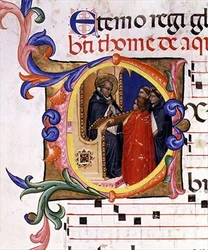 Ms 559 f.285v Historyczny inicjał „O” przedstawiający mnicha na mnichu rozmawiającego z innymi mnichami, z Psałterza Santa Maria Novella, iluminowanego przez Paolo SOldiniego (fl.1342-86) 1379 (wellum)