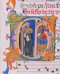 Ms 559 f.298v Historyczny inicjał G przedstawiający św. Dominika podtrzymującego Kościół i sen papieża Honoriusza III (1216-27) z Psałterza H z San Marco e Cenacoli