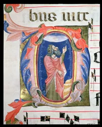 Ms 570 f.105r Historyczny inicjał D przedstawiający króla Dawida w modlitwie