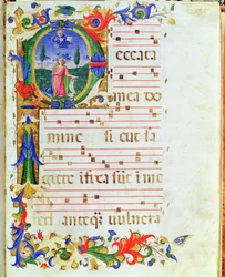 Ms 577 f.1 Historyczny inicjał „P” przedstawiający męską postać na pustyni, z „Messale di Sant
