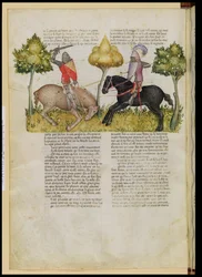 Pani Fr 343 fol.26v Sir Percivals koń zostaje zabity, z Queste del Saint Graal, ok. 1380-85