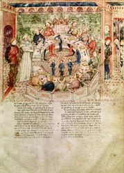 Pani Fr 343 fol.3 Sir Galahad zostaje powitany przy Okrągłym Stole, z Queste del Saint Graal, ok. 1380-85
