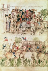 Pani Fr 343 fol.8v Artur i jego rycerze wyruszający na poszukiwanie Świętego Graala, z Queste del Saint Graal, ok. 1380-85