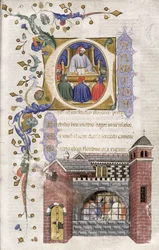 Pani Hunter 374 f.4r Boecjusz ze studentami w więzieniu, z De Consolation Philosophiae cum Commento, 1385