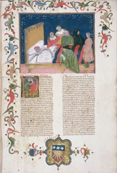 Ms Hunter 6 f.1r Człowiek sporządzający testament, z „Lectura super Infortiato” Bartoli de Saxoferrato (1314-57) (welum)