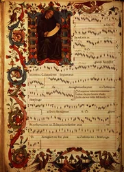 Pani Med. Kumpel. 87 Strona notacji muzycznej z historycznym inicjałem, z Kodeksu Squarcialupi, wyprodukowanego we florenckim klasztorze S. Maria degli Angeli (wellum)