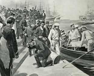 Bunt rosyjskiego pancernika Potemkin lądującego w porcie Konstanca w Rumunii, ilustracja z L