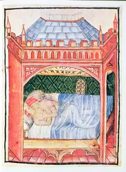 Nouv Acq Lat 1673 fol.100 Para w łóżku, z Tacuinum Sanitatis, ok. 1390-1400
