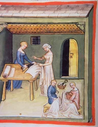 Nova 2644 fol.105v Sklep krawiecki: Ubrania z lnu, od Tacuinum Sanitatis
