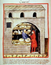 Nova 2644 fol.60v Sprzedaż dojrzałego sera z Tacuinum Sanitatis