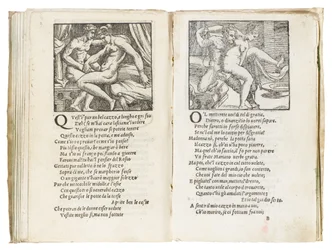 Strona z „Sonetti Lussuriosi” Pietra Aretina, ilustrowana przez Giulia Romana i rytowana przez Marcantonia Raimondiego, wydana w Wenecji, ok. 1527