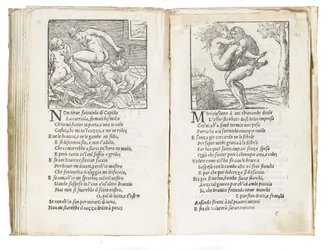 Strona z "Sonetti Lussuriosi" Pietra Aretina, ilustrowana przez Giulia Romana i rytowana przez Marcantonia Raimondiego, wydana w Wenecji, ok. 1527