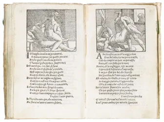 Strona z „Sonetti Lussuriosi” Pietra Aretina, ilustrowana przez Giulia Romana i rytowana przez Marcantonia Raimondiego, wydana w Wenecji, ok. 1527
