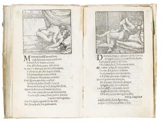 Strona z „Sonetti Lussuriosi” Pietro Aretino, ilustrowana przez Giulio Romano i rytowana przez Marcantonio Raimondi, wydana Wenecja, ok. 1527 (druk i drzeworyt)