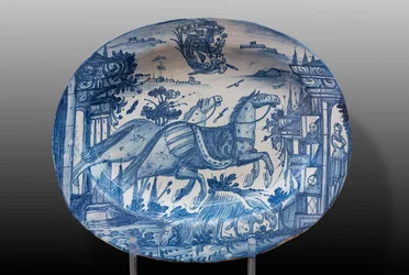 Talerz zdobiony końmi wyścigowymi i herbem, I poł. XVIII w. (majolica)
