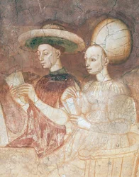 Gra z kartami tarota, scena z cyklu Igrzysk, ok. 1445-1450, fresk, Palazzo Borromeo, Mediolan, Lombardia, Detal, Włochy